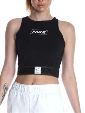 Nike Pro Dri-FIT Graphic Crop Tank Top Black White Logo Size S